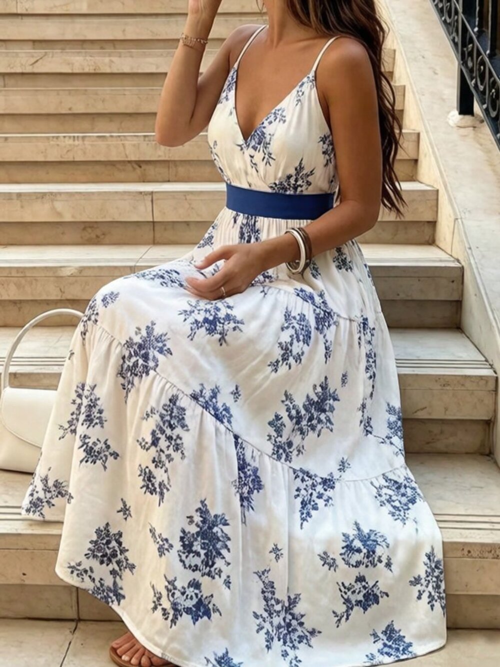 Multicolor Boho Women's Elegant Floral Sleeveless V-Neck Dress with Bowknot Back - Picture 4 of 6
